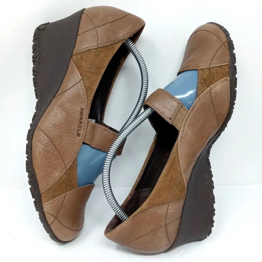 Merrell Mary Jane Wedges Womens Size 9.5 Brown Leather Shoes Vibram Sole